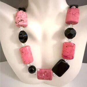 Natural Gemstone BOHO Howlite Pink with Black Statement Necklace 20 Inches
